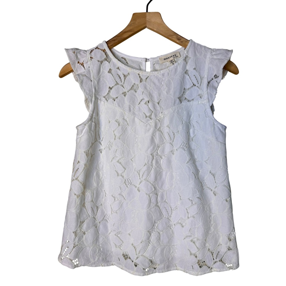 Monteau Los‎ Angeles White Floral Lace Ruffle Cap Sleeve Top Small